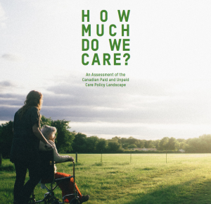 Caregiver stands with care recipient, who is in a wheelchair. Both look out at the sunset over a green field. Text includes title and subtitle of report.